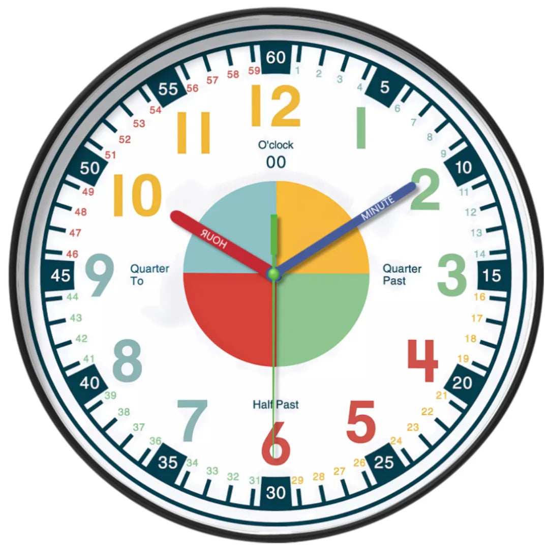 horloge murale moderne enfants chiffres colorés fond blanc cadre argenté silencieuse salon chambre