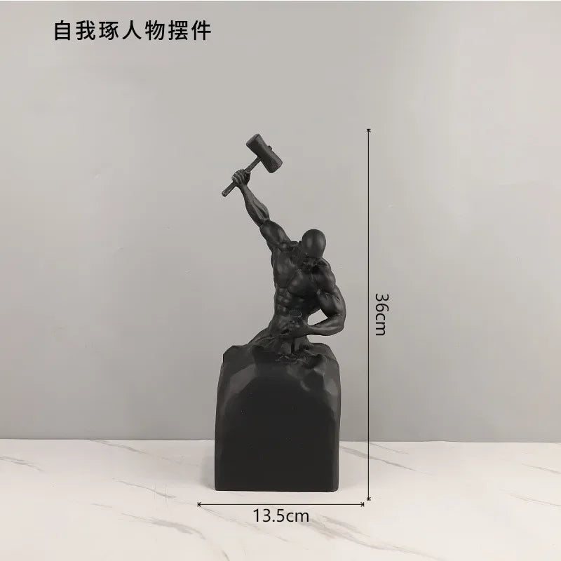 statuette homme musclé marteau résine noire blanche moderne art décoratifintérieur