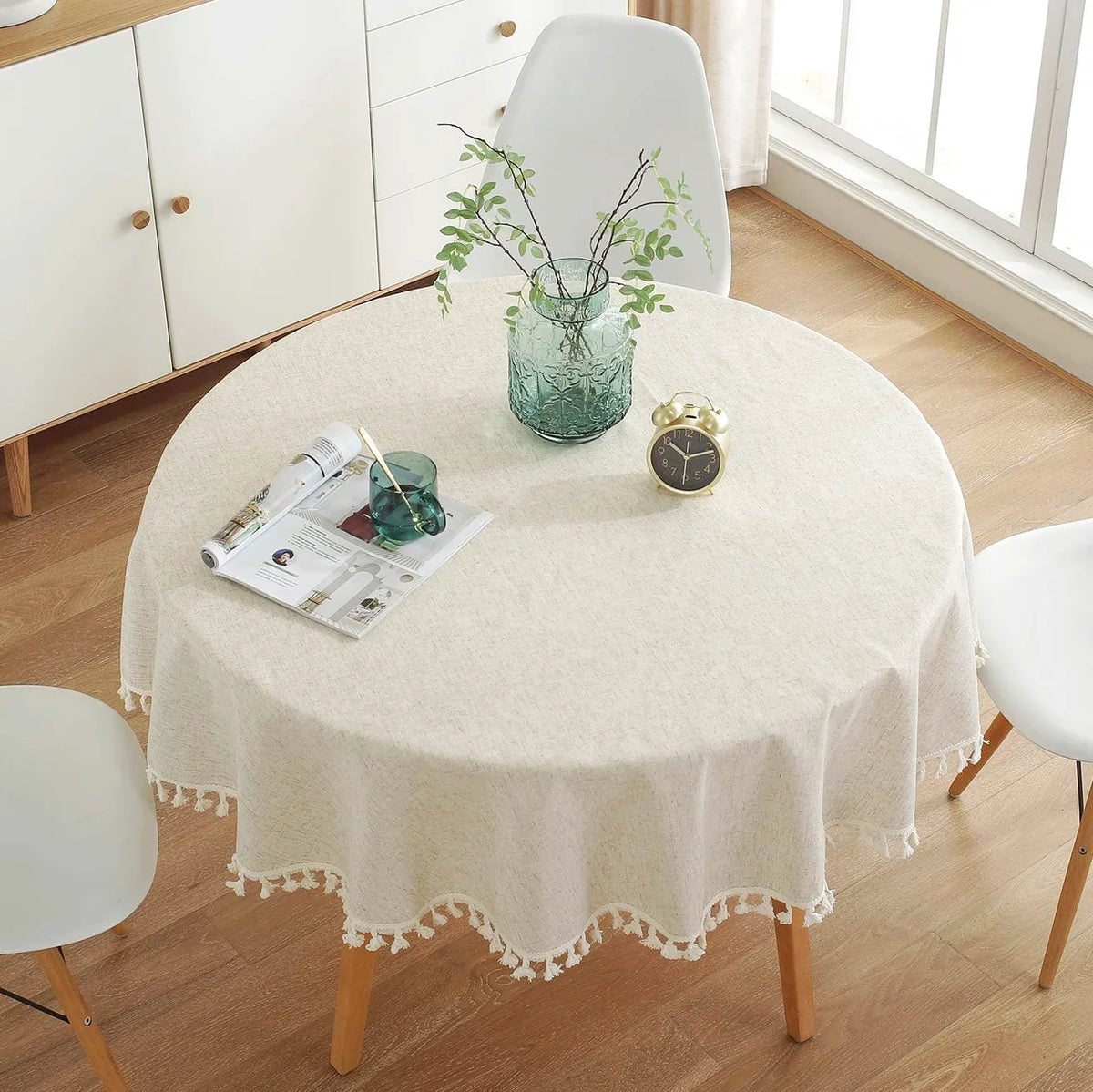 nappe ronde coton crème franges rustique scandinave table décoration hiver noël