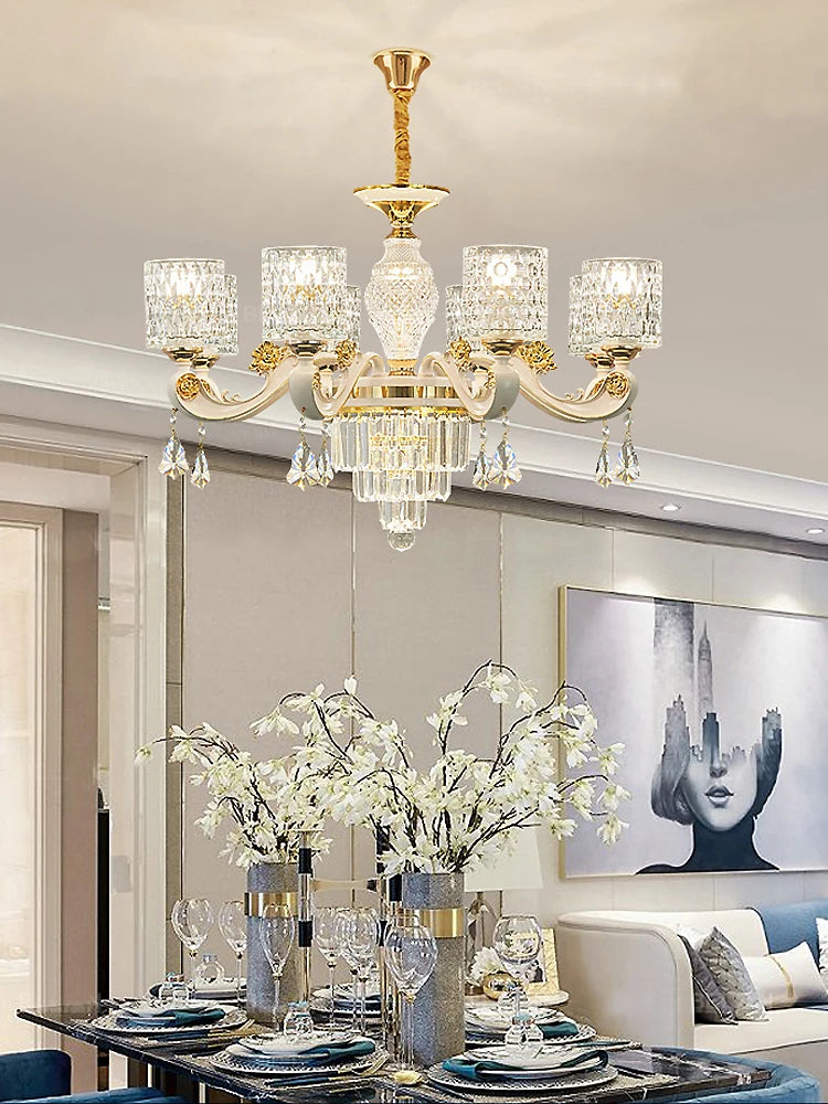lustre led cristal ornementation dorée contemporain salon salle manger villa