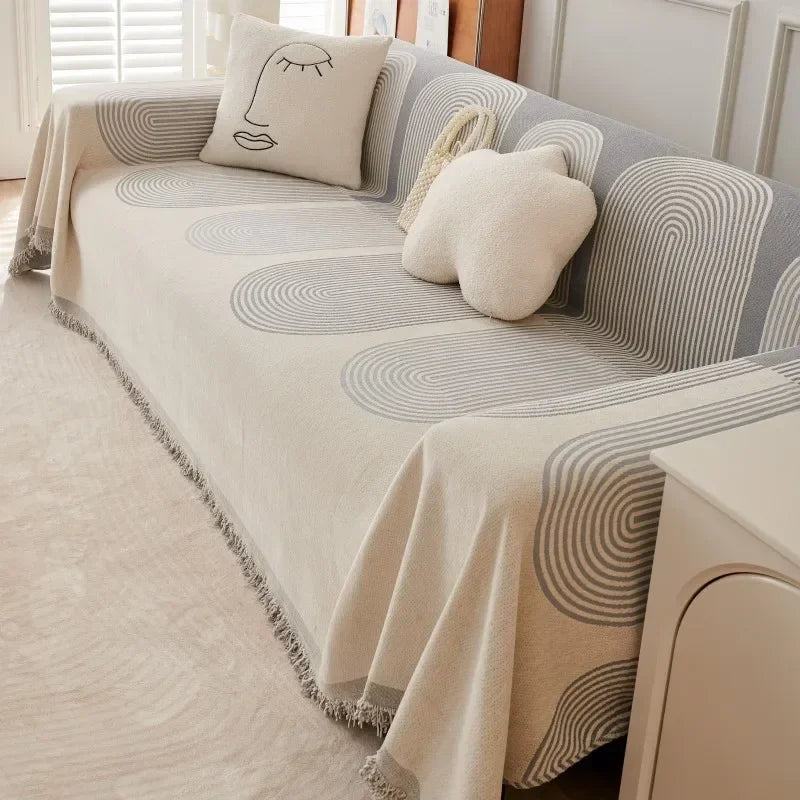 couverture canapé moderne motif géométrique beige gris oreiller décoratif