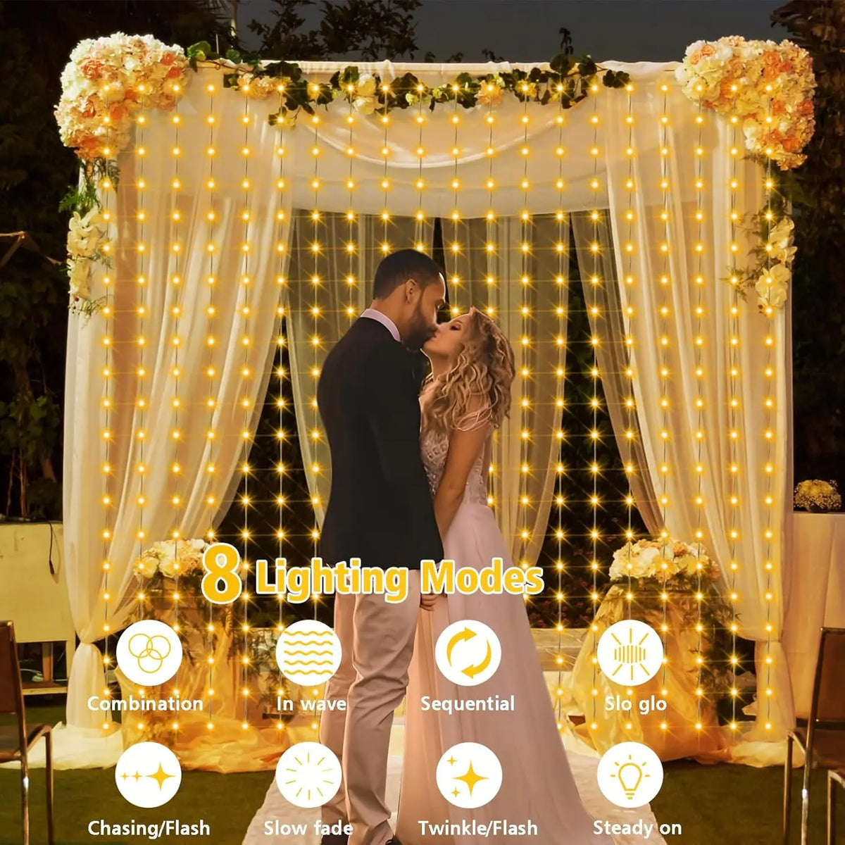 guirlande lumineuse solaire jaune rideau blanc extérieur decoration pergola arbres fleurs