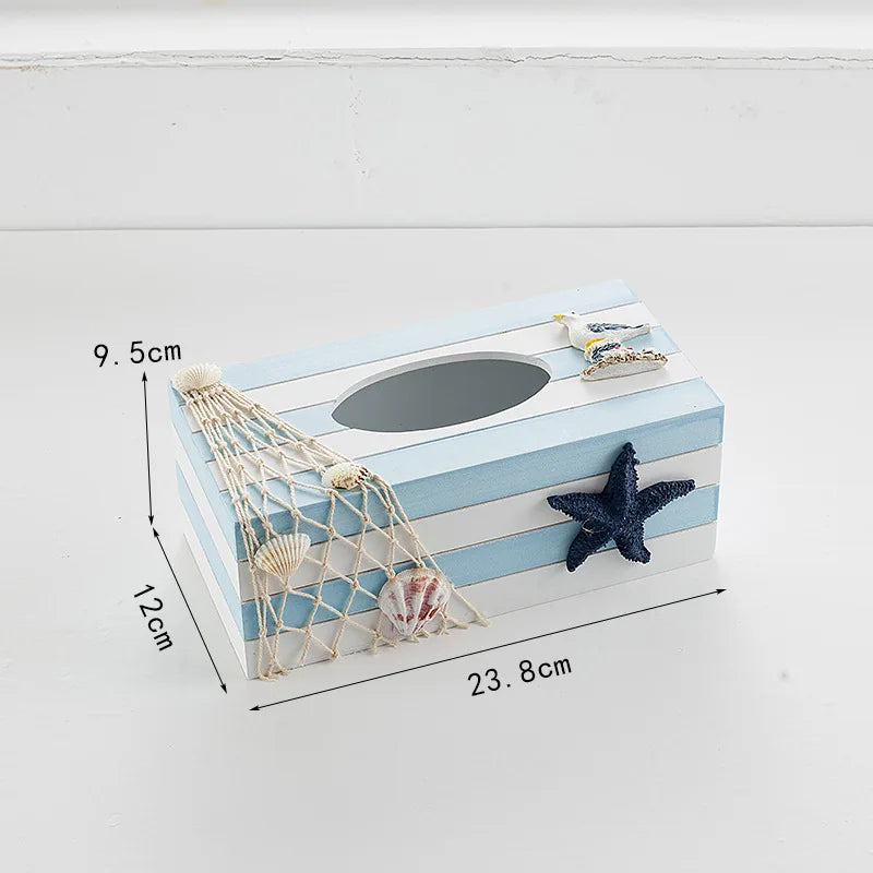 boîte mouchoirs marin bois bleu rayures coquillages bateau étoile mer décorative maison rangement