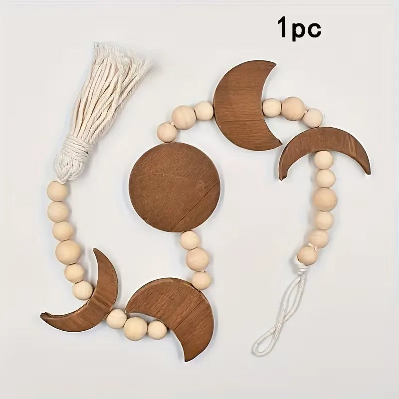 décoration murale bohème bois forme lune pompon marron clair salon chambre enfant