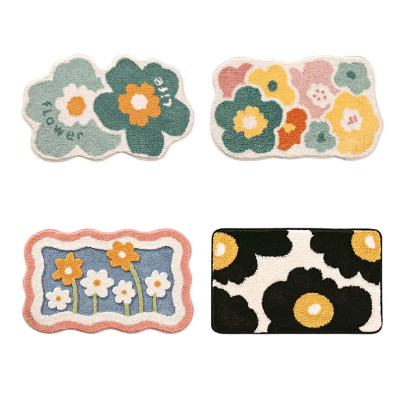 tapis bain moderne fleurs géométriques anti dérapant respectueux environnement bleu blanc orange vert rose