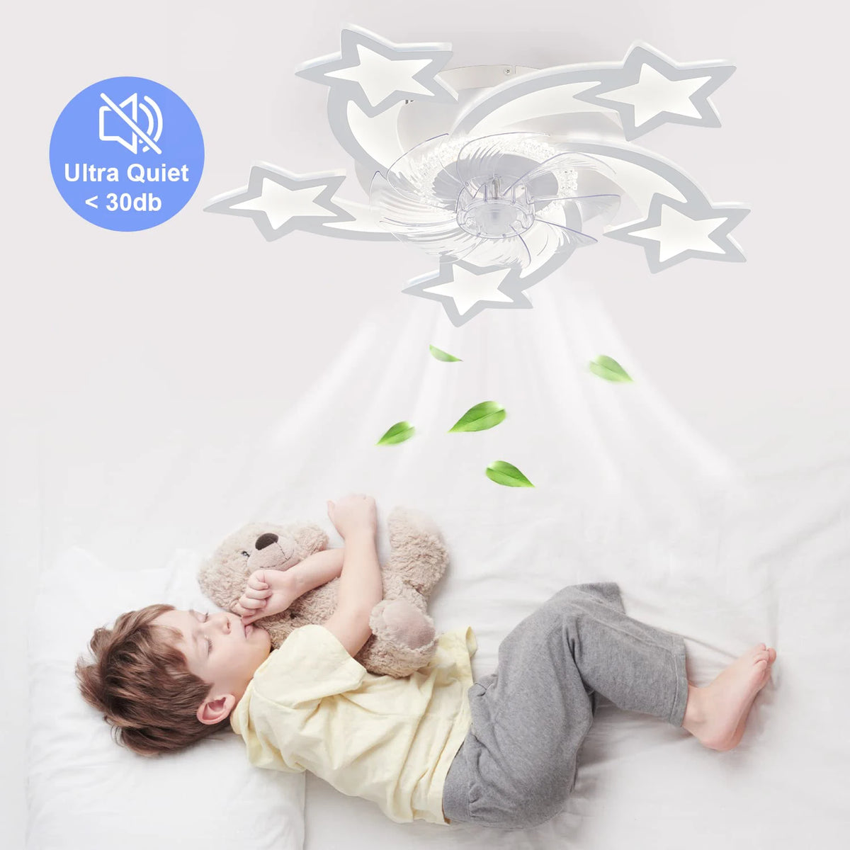 ventilateur moderne étoile blanc lumineux télécommande vitesses led silencieux chambre salon