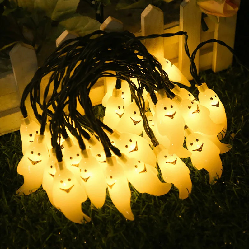 guirlande lumineuse halloween fantômes souriants led solar blanc clipsextérieur festive vacances