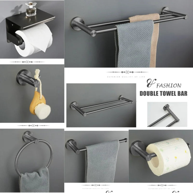 ensemble accessoires salle bain métal gris porte serviette porte gobelet mural moderne