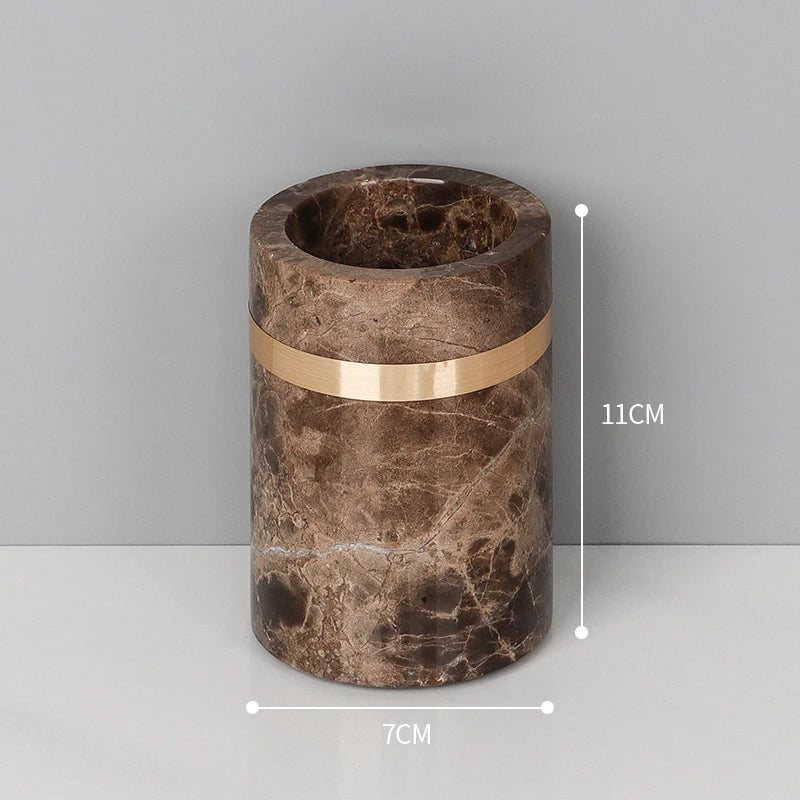 ensemble salle bain marbre moderne marron doré distributeur savon tasse brosse dents adhésif