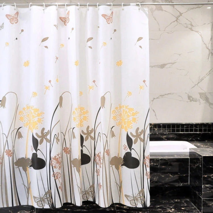 rideau douche fleuri moderne fleurs papillons motifs naturels blancs jaunes marrons noirs imperméable