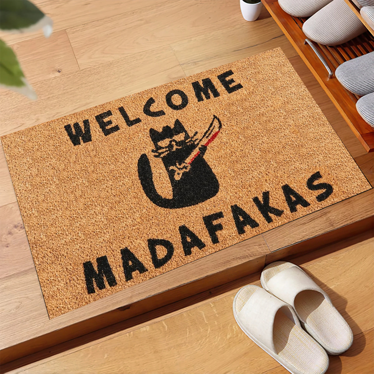tapis d'entrée humoristique chat épée bienvenue madafafakas antidérapant caoutchouc noir marron clair marron