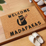 tapis d'entrée humoristique chat épée bienvenue madafafakas antidérapant caoutchouc noir marron clair marron