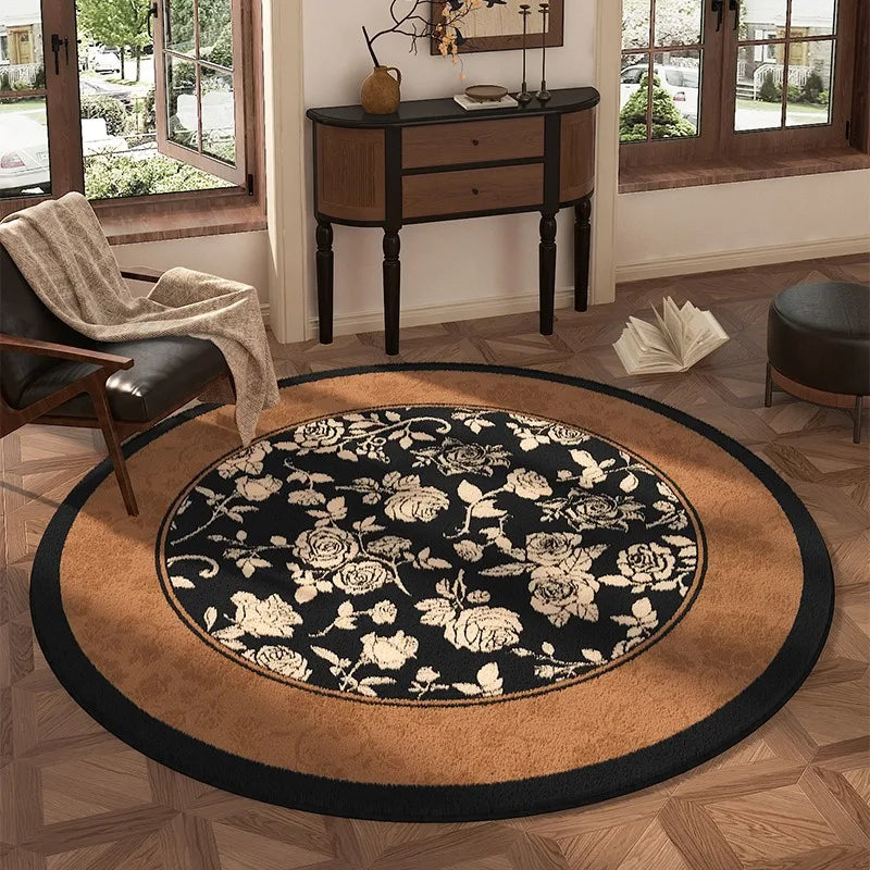 tapis rond beige noir motif fleurs oiseaux décoration salon chambre intérieur doux antidérapant moderne