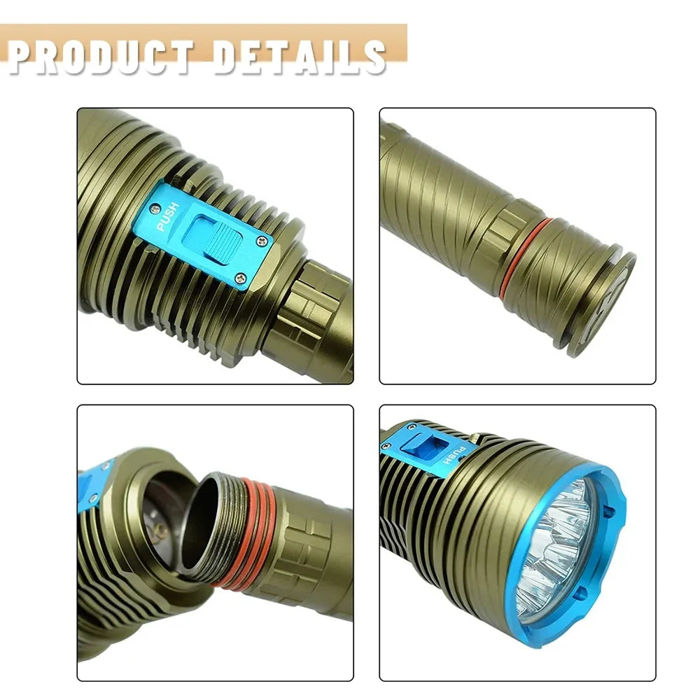 lampe torche rechargeable led blanc jaune mode stroboscope alliage aluminium robuste doré bleu