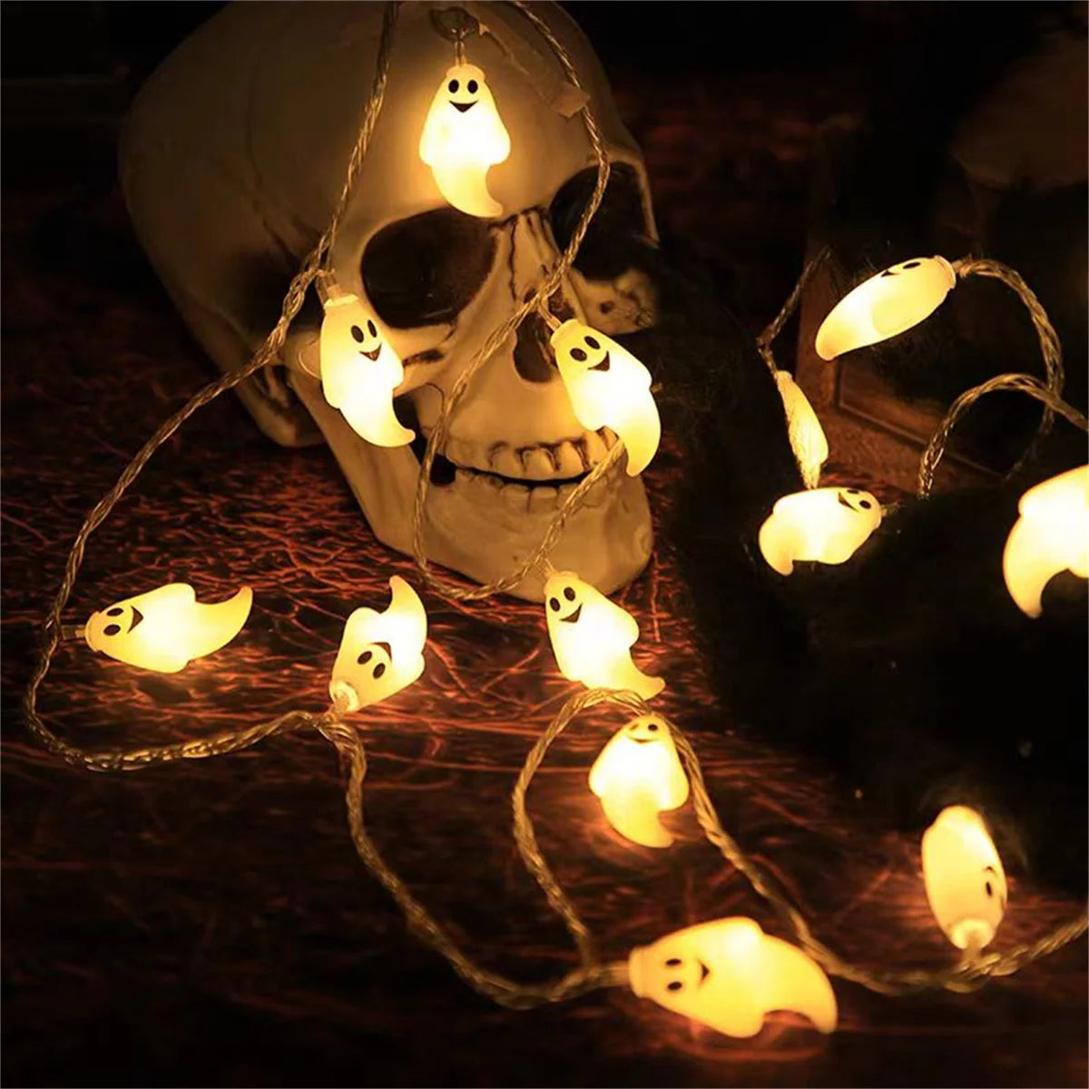 guirlande lumineuse halloween fantômes souriants led blanc jaune vert rose bleu festive vacances