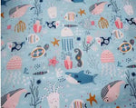 tissu coton imprimé thème marin poissons coquillages enfants blanc rose bleuclair vert