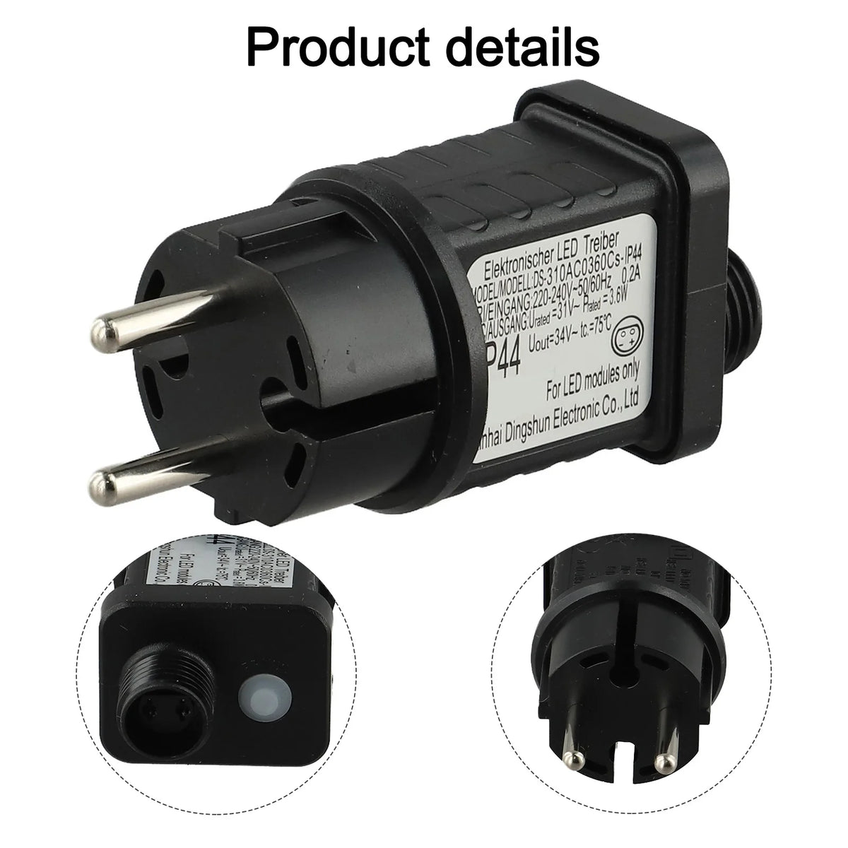 adaptateur électrique noir moderne 3.6w prise ue cable information technique étanche ip44 led