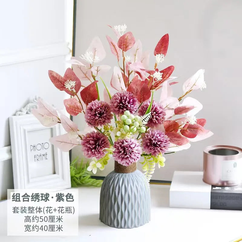 bouquet artificiel moderne fleurs boules feuilles vertes bleu blanc rouge