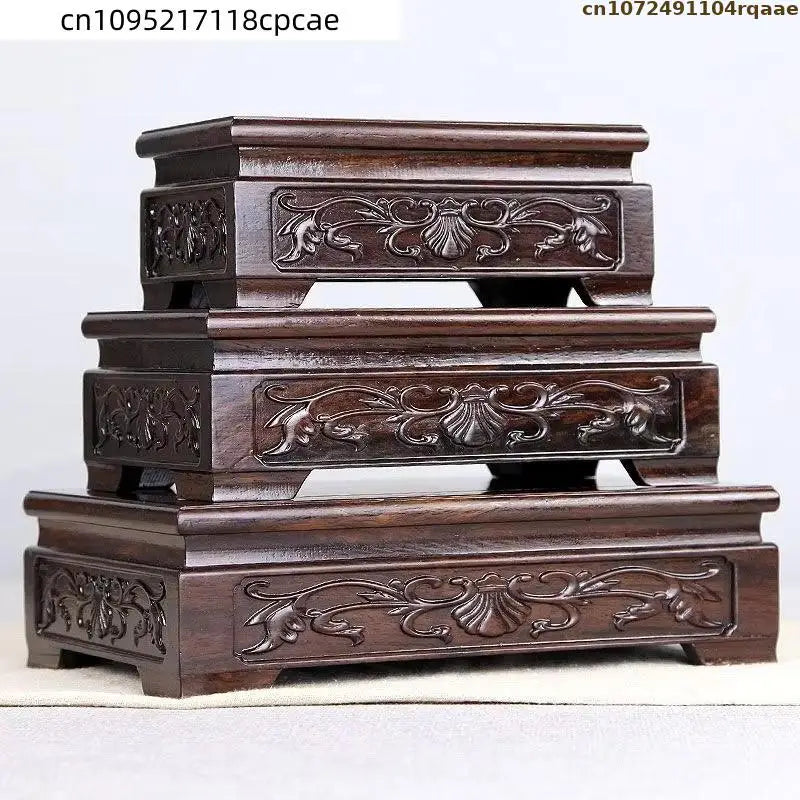 support d'affichage bois sculpté artisanal marron foncé décoration vase théière ornement