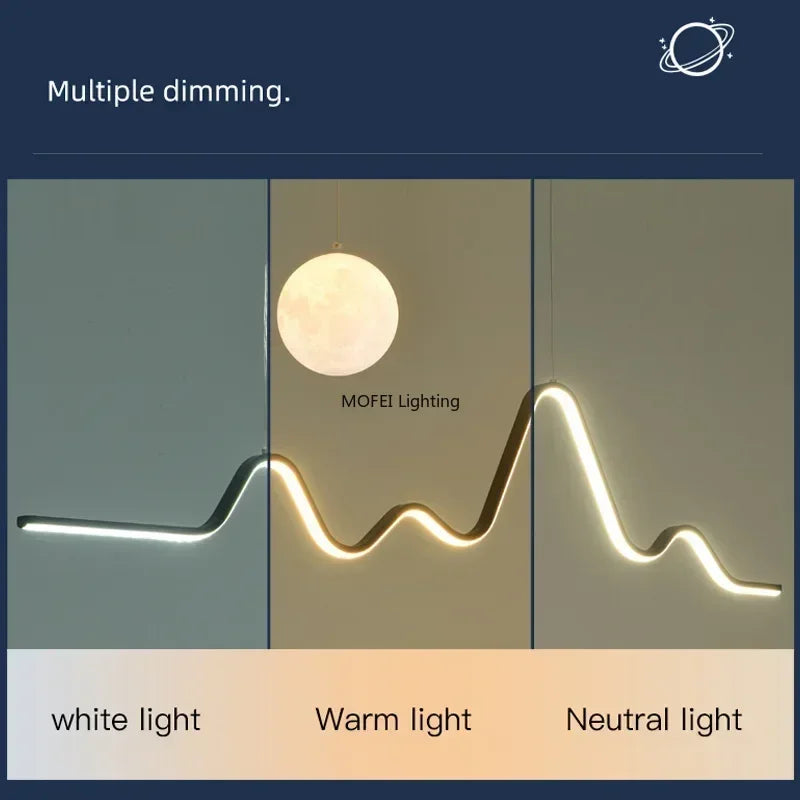 lampe suspendue moderne or noir blanc ligne ondulée lumière led 6000k 4500k 3000k