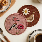 tapis protection tasses rose marron oiseaux fleurs brodés traditionnel artisanal coton polyester