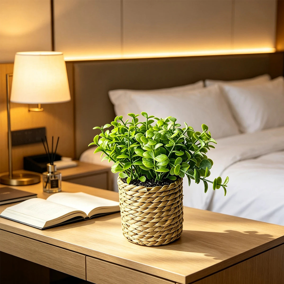 plantes artificielles vertes feuilles rondes pot paille tressée décoration intérieure moderne naturel salon chambre
