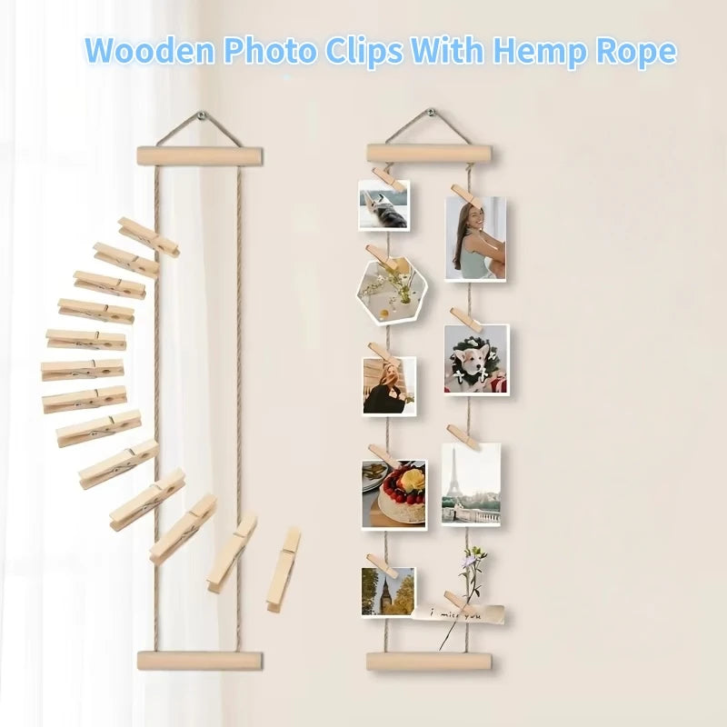 clips photo bois corde chanvre decoration murale moderne rustique sans perçage 15 clips 100cm