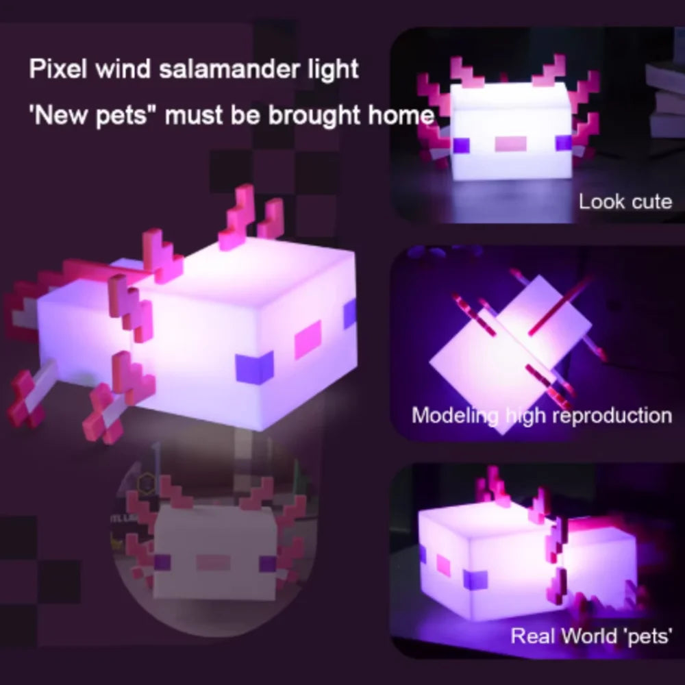 lampe nuit pixel art salamandre blanc rose violet câble usb