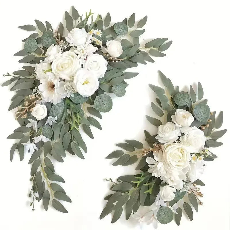 Guirlande florale artificielle romantique roses pivoines feuilles vertes blanc vert mariage decorationextérieur