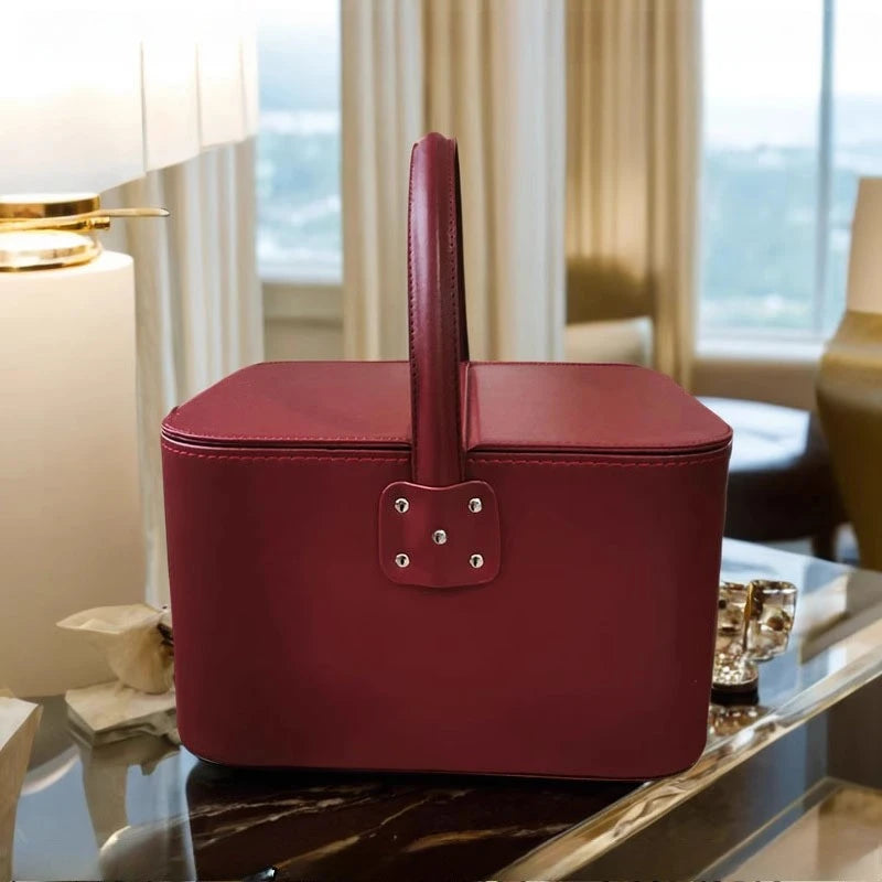 boîte maquillage simili cuir rouge marron noir bleu classique poignée portable organisateur utilitaire