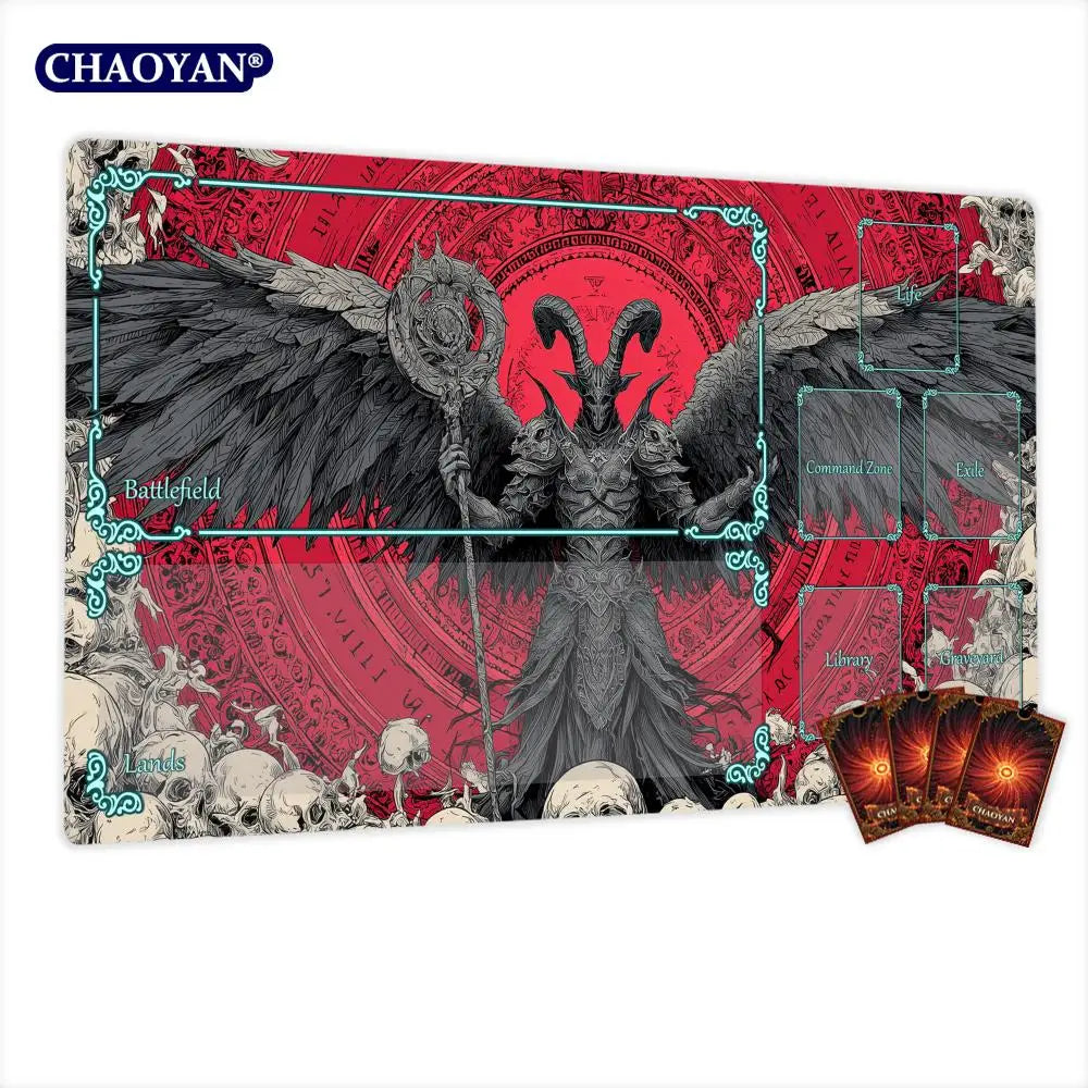 tapis jeu gothique art personnages ailes cartes rouge noir gris
