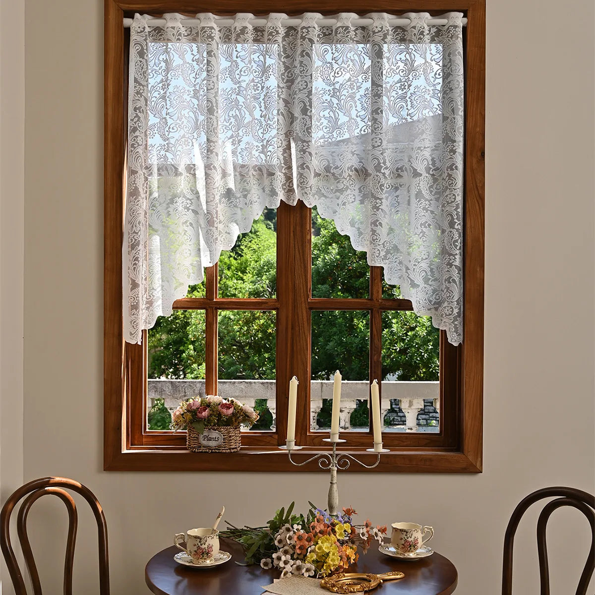rideau blanc broderie florale transparent classique cuisine chambre