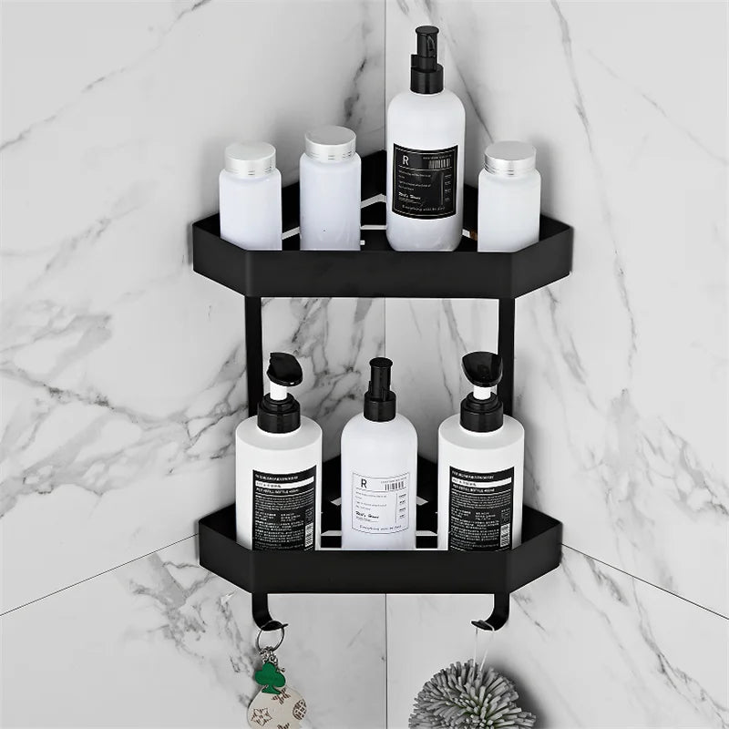 étagère salle bain acier inoxydable noir grille hexagonale moderne adhésive deux niveaux 22cm large