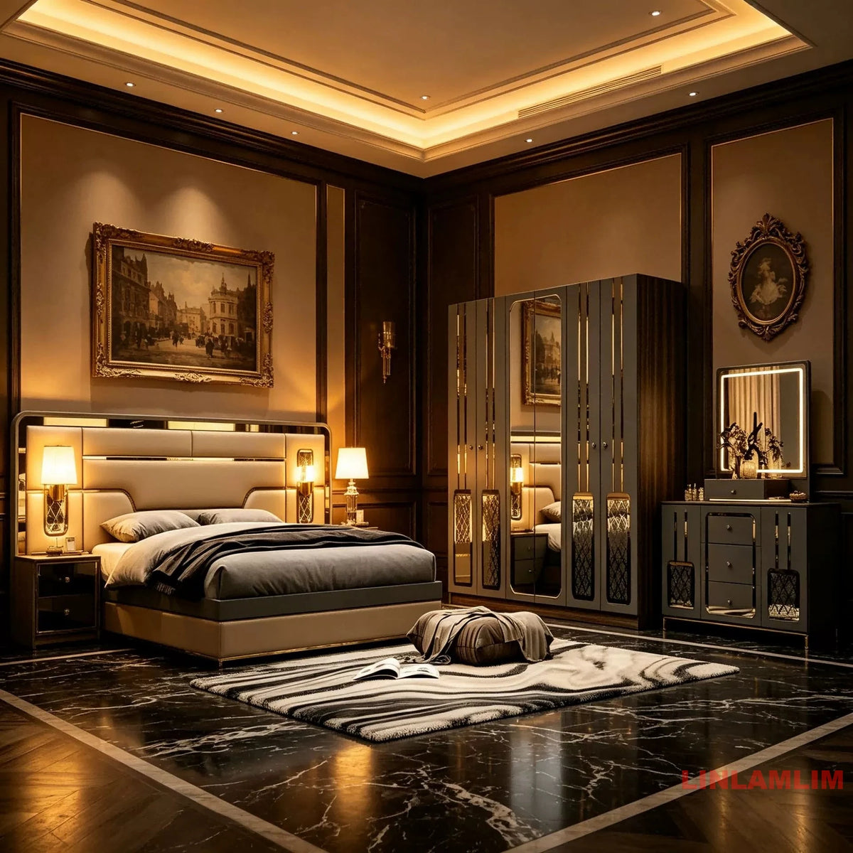 ensemble chambre coucher moderne lit tête rembourrée armoire miroir commode tiroirs tables chevet