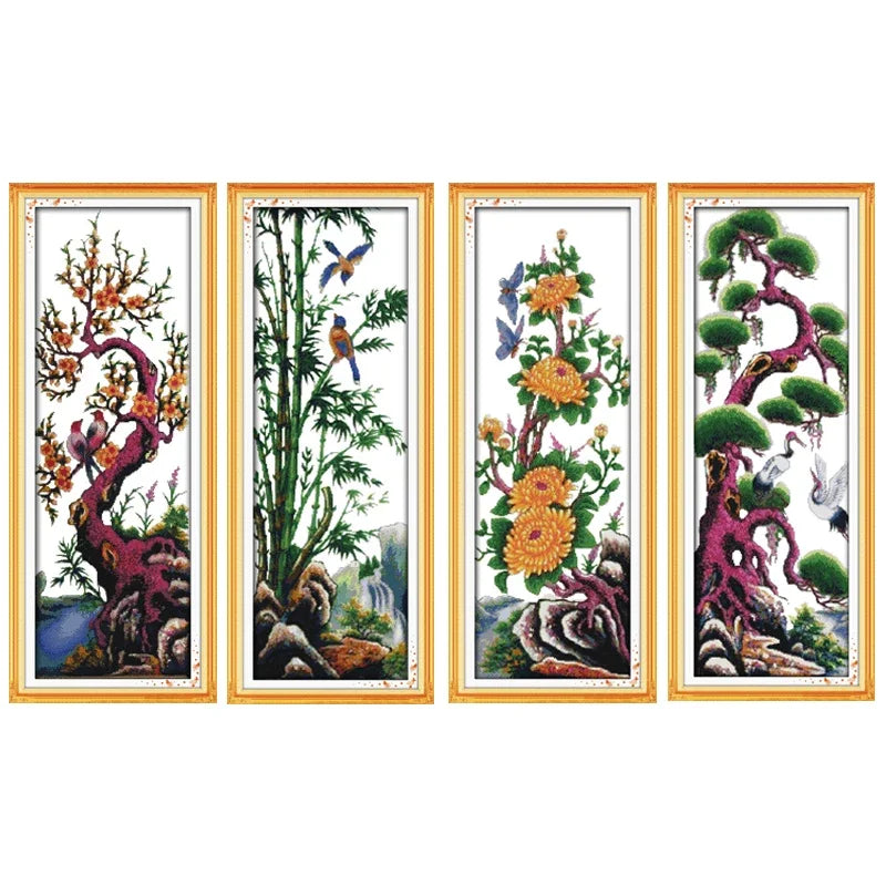 tableau paysage naturel arbres fleurs oiseaux papillons coton doré broderie