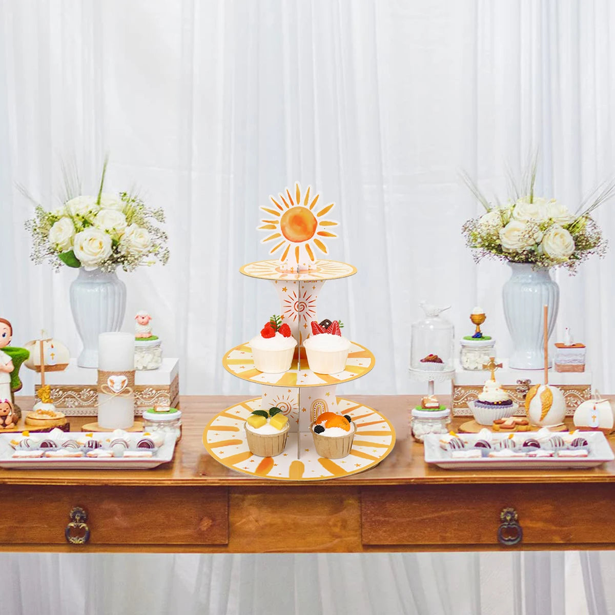 support gâteaux trois étages blanc orange motifs solaires étoiles moderne anniversaire mariage fête