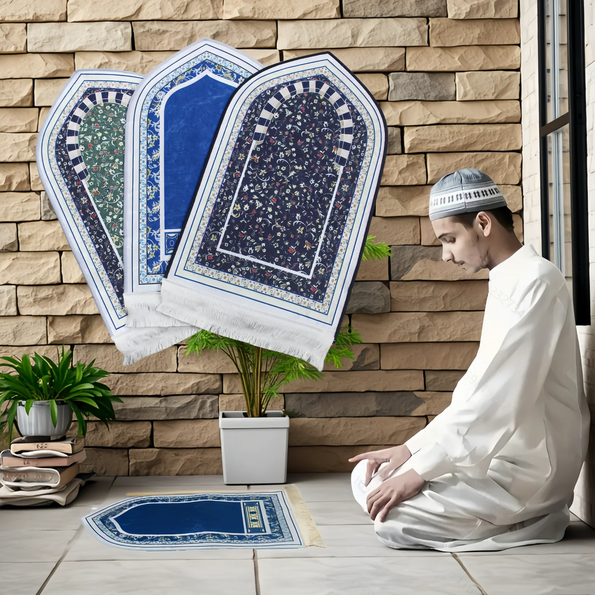 tapis prière musulman polyester antidérapant motifs floraux moderne bleu vert noir blanc usage maison