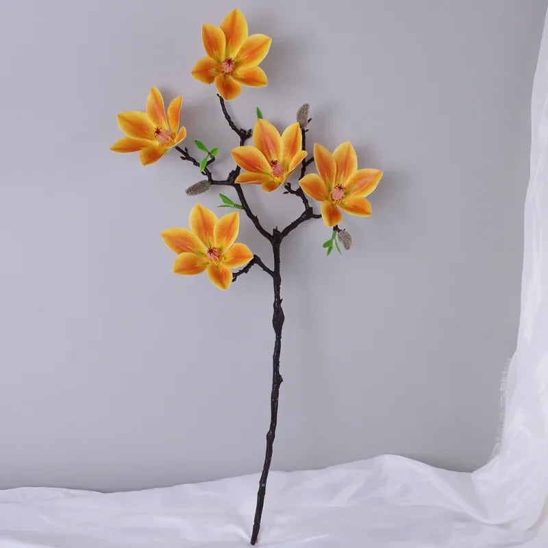 Branche artificielle magnolia fleurs simples feuilles vertes blanc rose jaune verte decoration intérieur