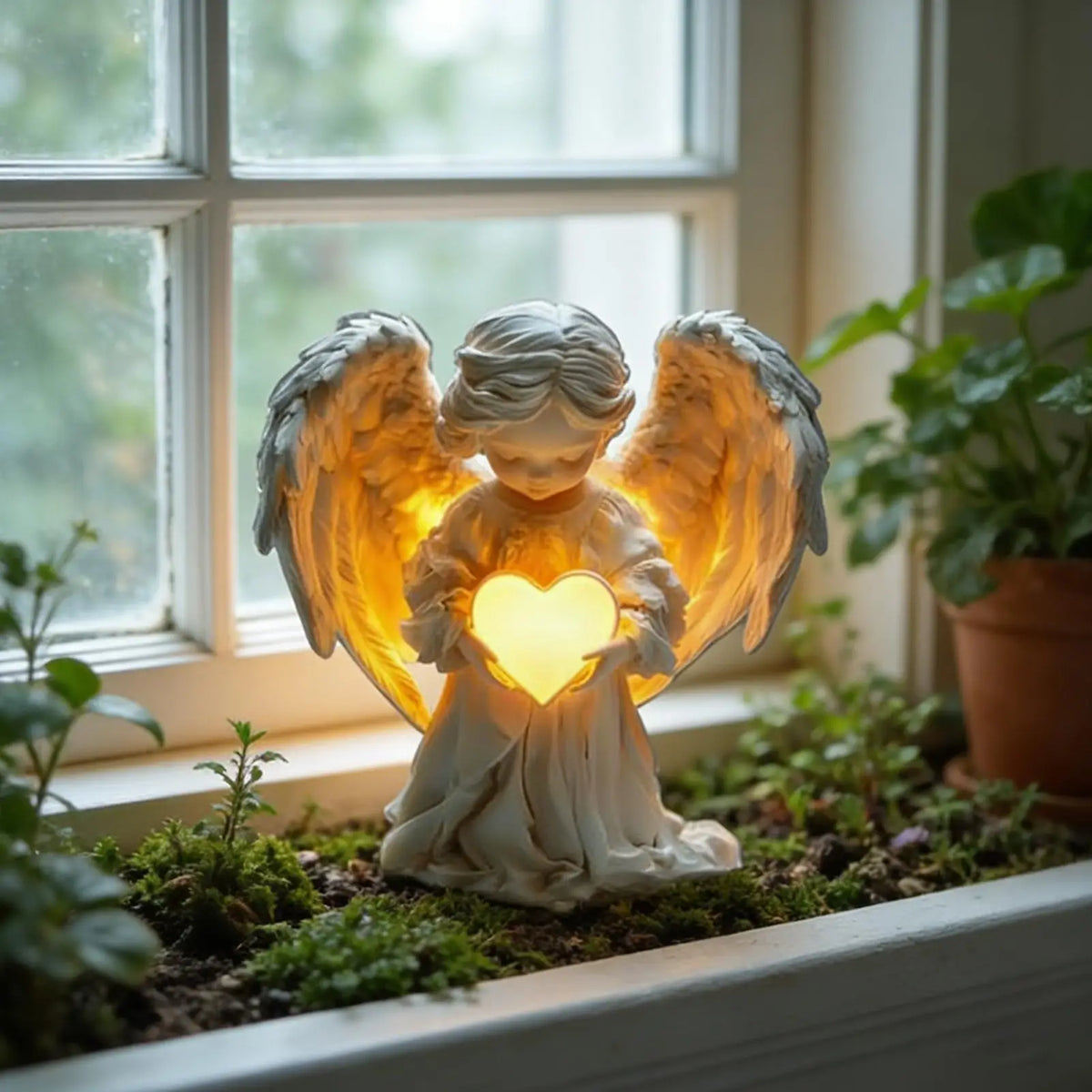 décoration extérieure ange cœur lumineux blanc doré jardin fleuri sol veranda farmhouse