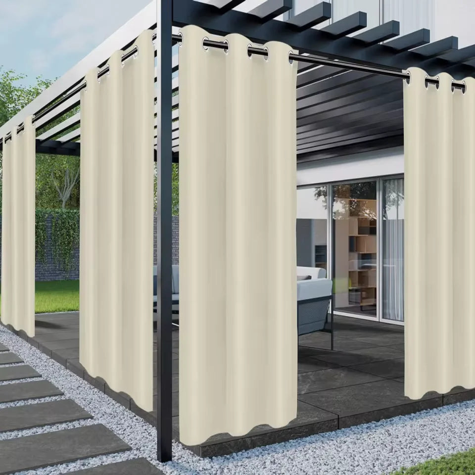 rideau extérieur water resistant beige uni moderne tringle métalliques pergola patio
