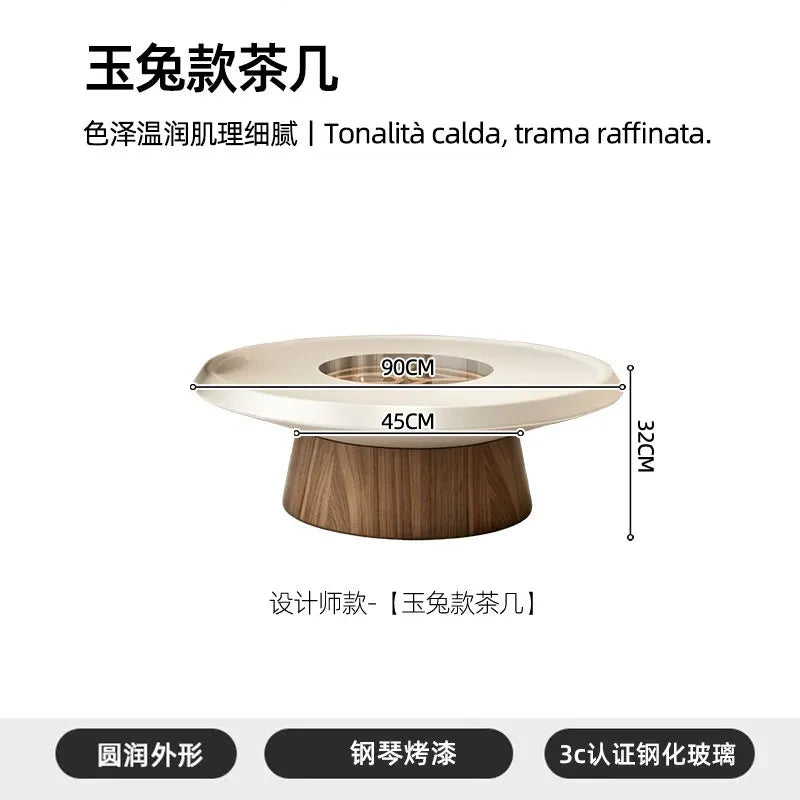 table basse moderne rond bois marron clair métal transparent décoration ludique