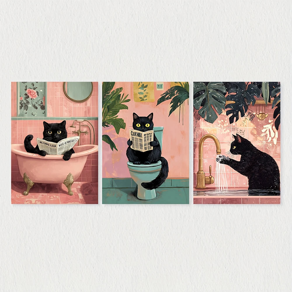 affiche toile chat noir toilettes plantes papier peint vintage humour illustration wall art decoration