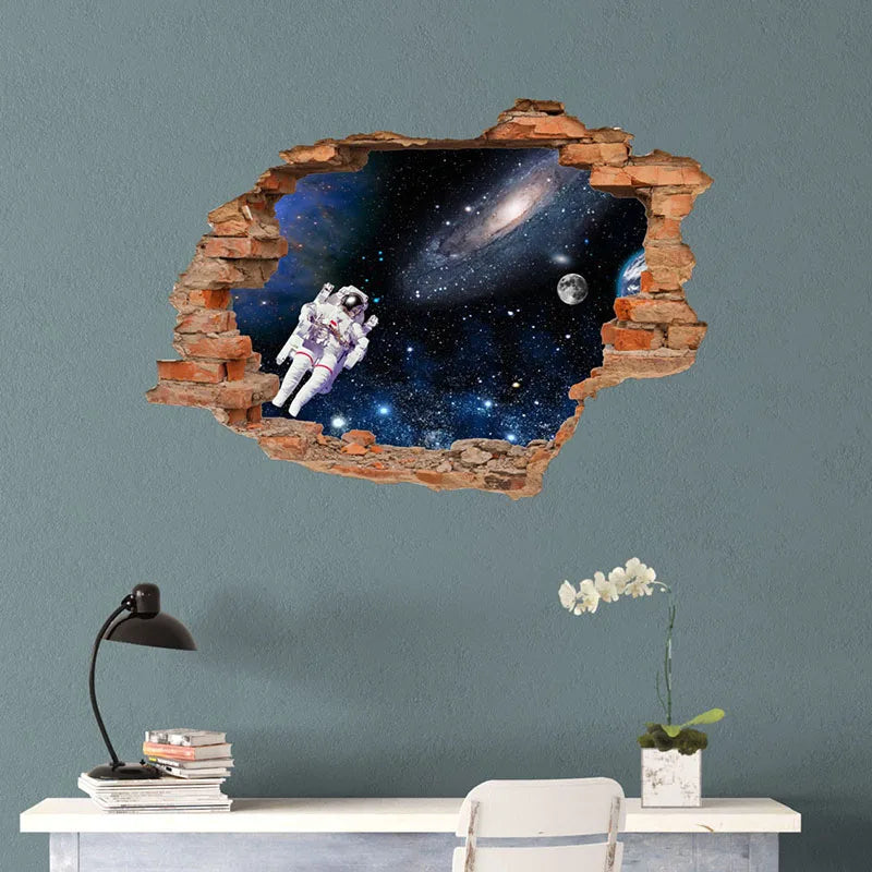 sticker mural 3d scène naturelle illusion optique adhésif multicolore coucher soleil océan planètes enfants