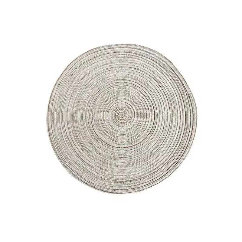 placemat moderne rustique spirale tissé bleu gris beige assiettes fourchettes verres