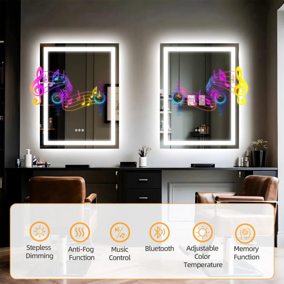 miroir lumineux moderne noir blanc gris notes musicales géométriques led bluetooth variable minimaliste