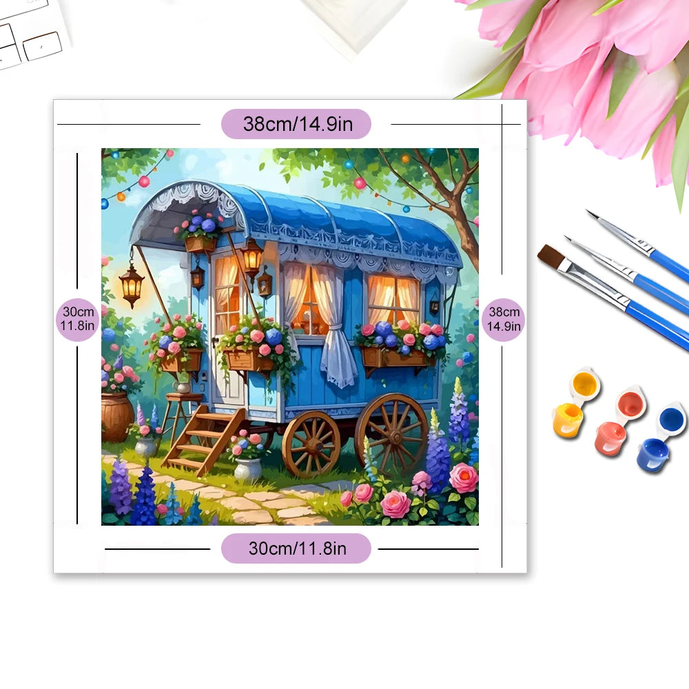 tableau peindre numéro floral caravane paysage vintage diy facile couleurs vives pinceaux decorationintérieur