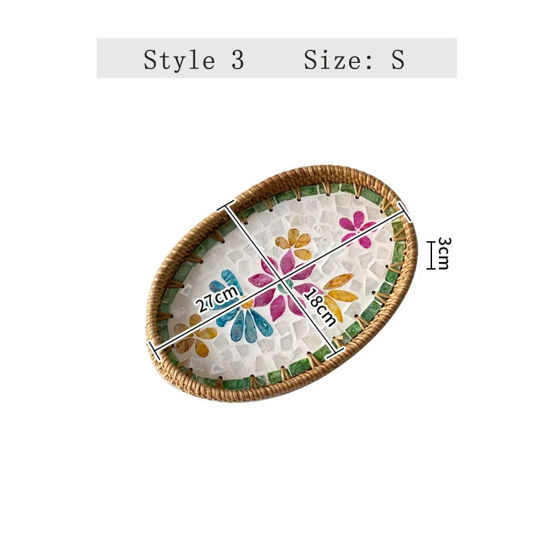 assiettes ovales rotin mosaïque coquillages boho rustique multicolore thé collations
