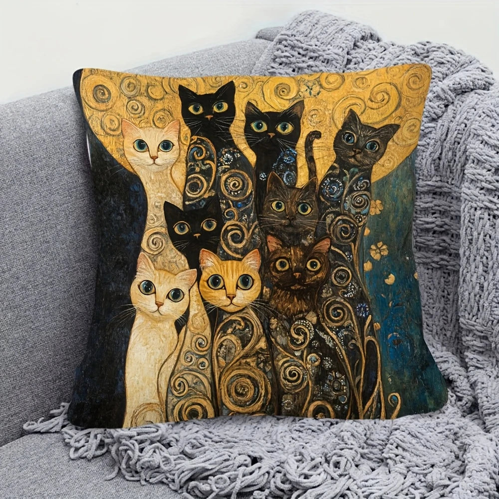 housse coussin moderne motif abstrait spirales dorées polyester peachskin 45x45cm imprimé