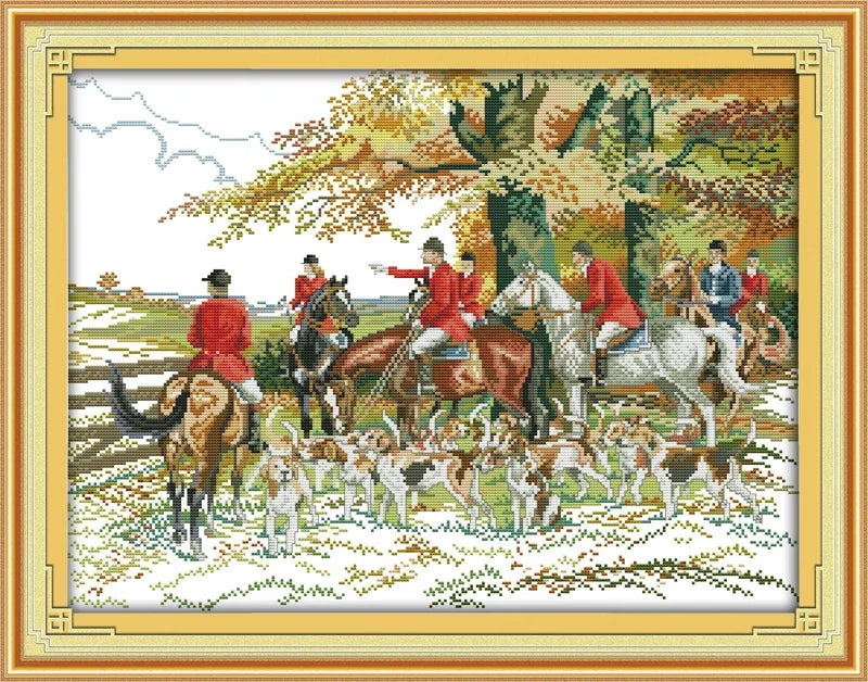 points croix chasse personnages traditionnels toile coton multicolore instructions grille dimensions package plié