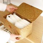 boîtes rangement naturel rustiques tissage paille poignées métalliques stockage maison